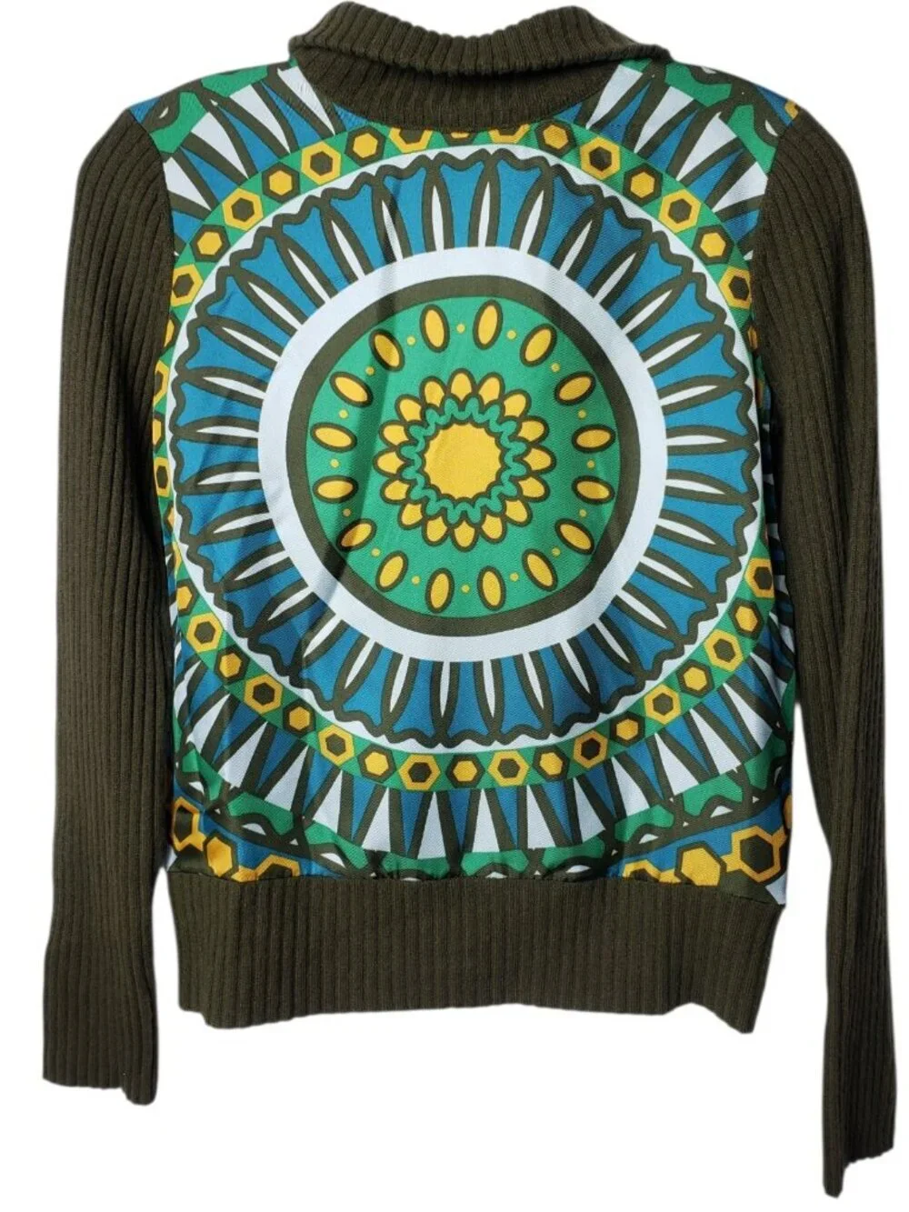 Tory Burch Womens Olive Green Half-Zip Sweater W/Vibrant Mandala Xsmalll